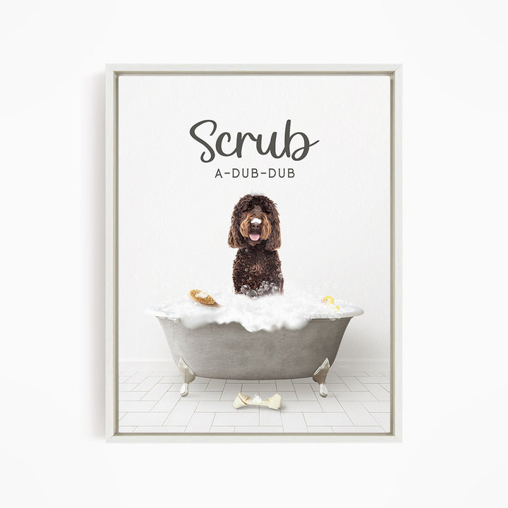 Chocolate Labradoodle Scrub A-Dub-Dub in Simple Gray Bath