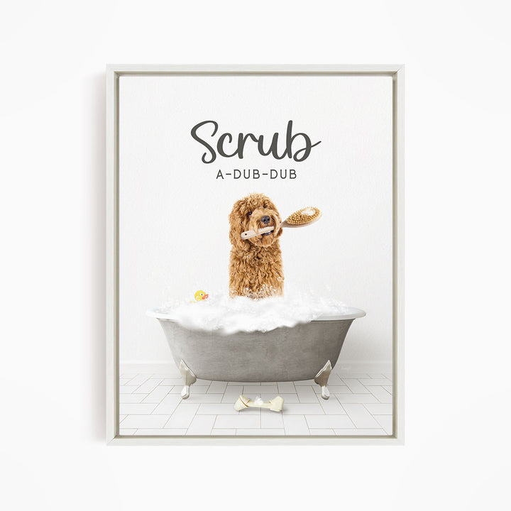 Golden Labradoodle Scrub A-Dub-Dub in Simple Gray Bath