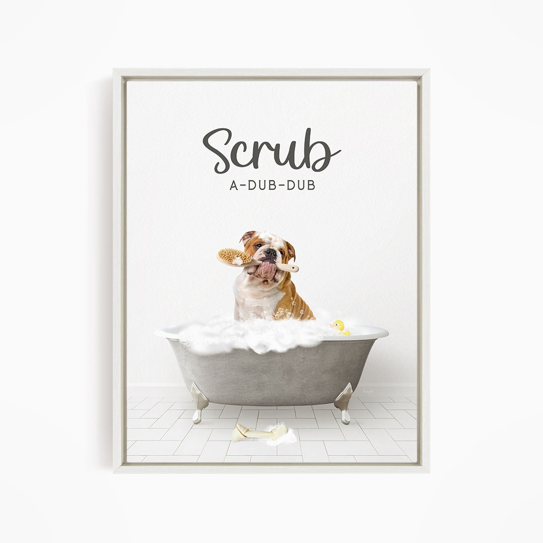 English Bulldog Scrub A-Dub-Dub in Simple Gray Bath