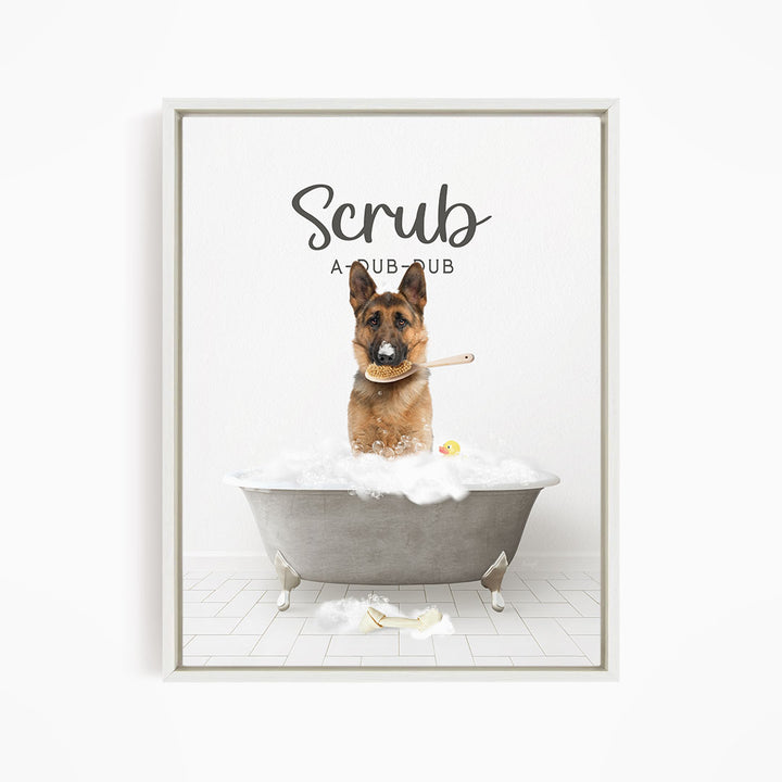 German Shepherd Scrub A-Dub-Dub in Simple Gray Bath