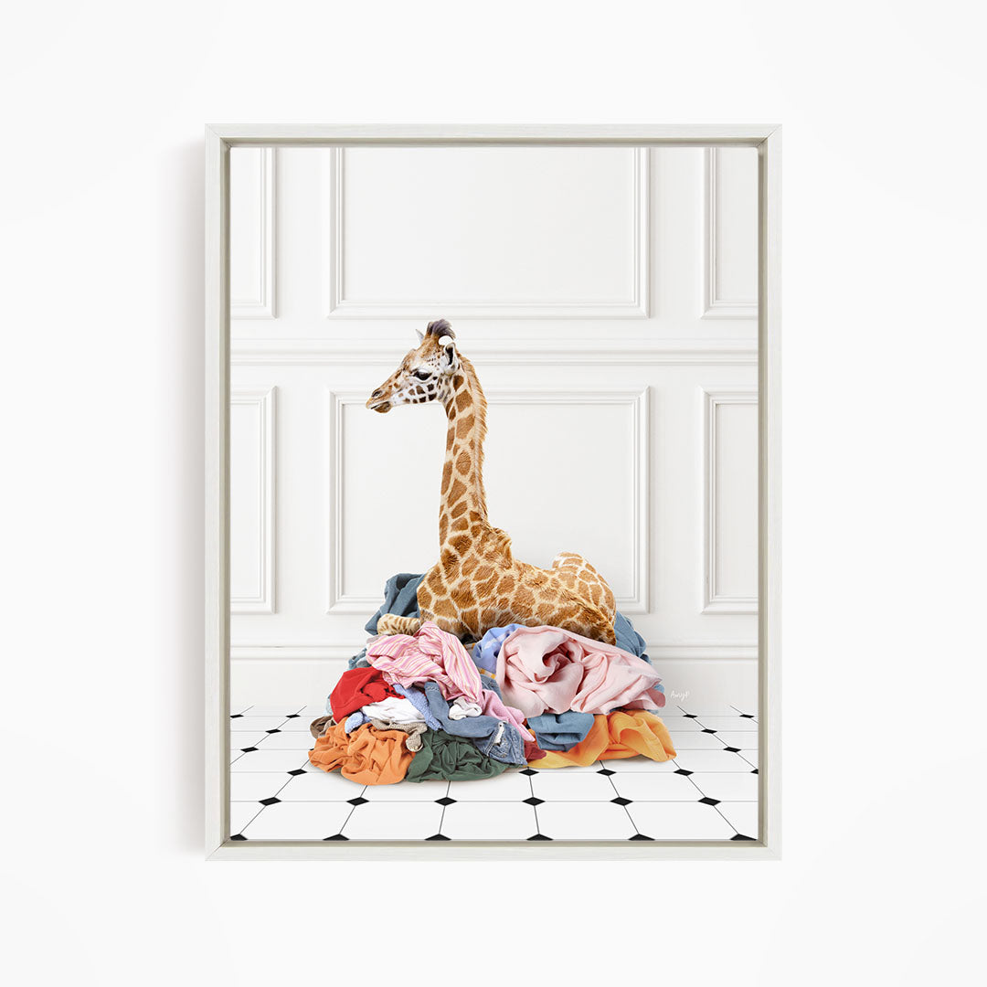 Baby Giraffe in Clothes Pile - Classic White Floor