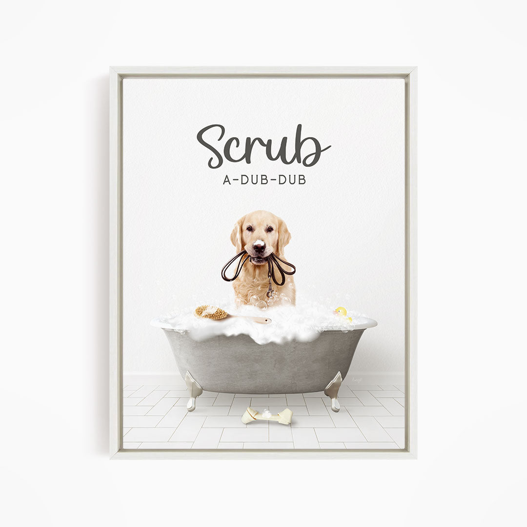 Golden Retriever Scrub A-Dub-Dub in Simple Gray Bath