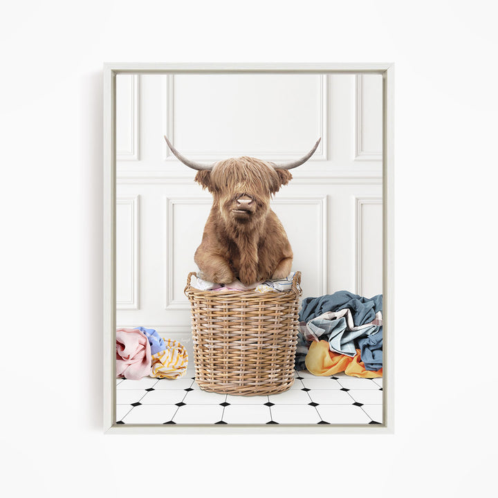 Highland Cow on Laundry Basket with Piles of Clothes - Classic White Floor
