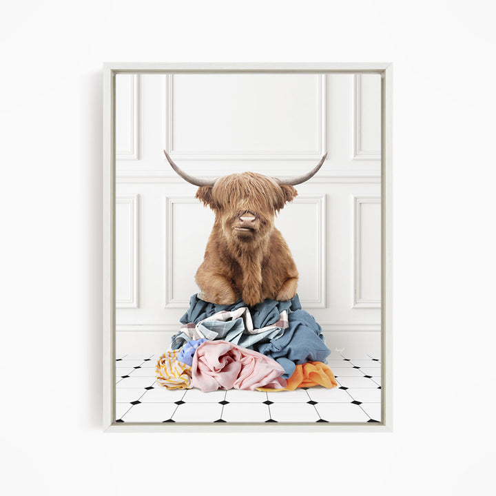 Highland Cow on Laundry Clothes Pile - Classic White Floor