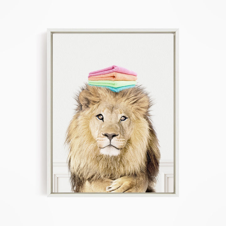 Lion with Folded Towels - Simple White Wall
