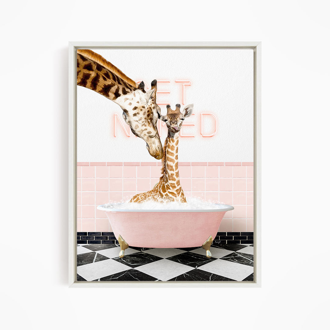 Mother and Baby Giraffe in Pink Get Naked Bath