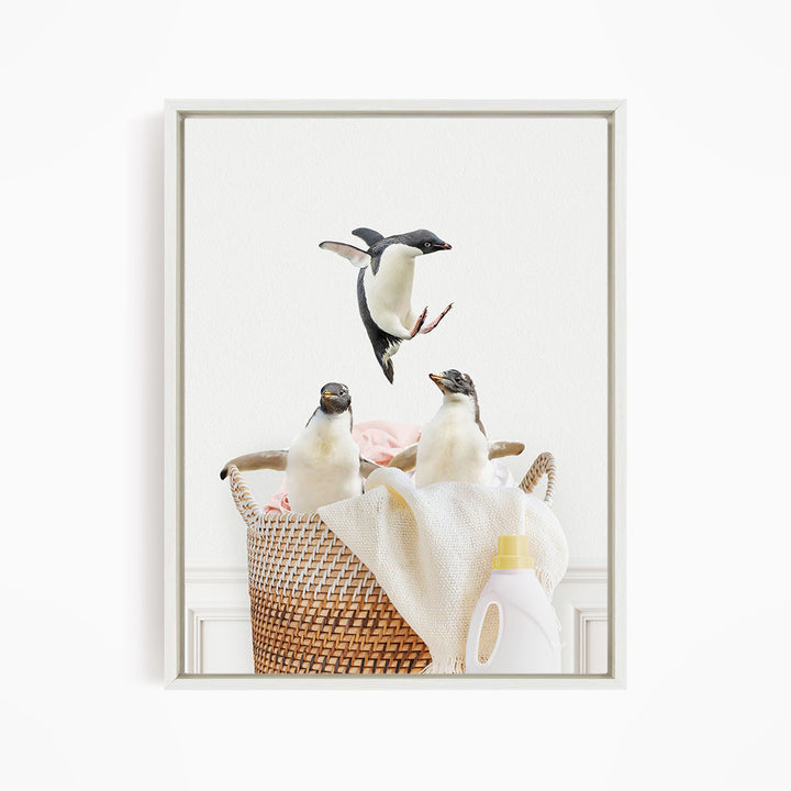 Penguins in Laundry Basket - Simple White Wall