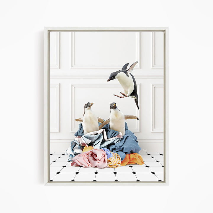 Penguins in Clothes Pile - Classic White Floor