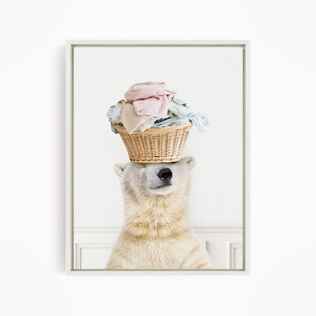 Polar Bear Balancing Laundry Basket - Simple White Wall