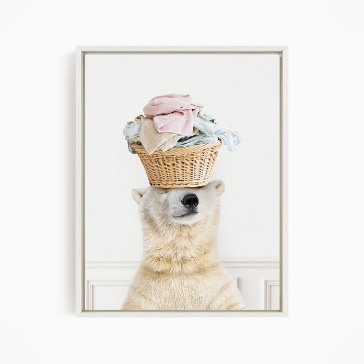 Polar Bear Balancing Laundry Basket - Simple White Wall