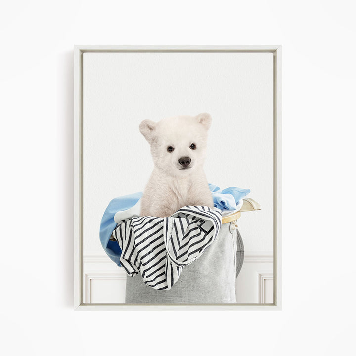 Polar Bear Cub in Laundry Basket - Simple White Wall