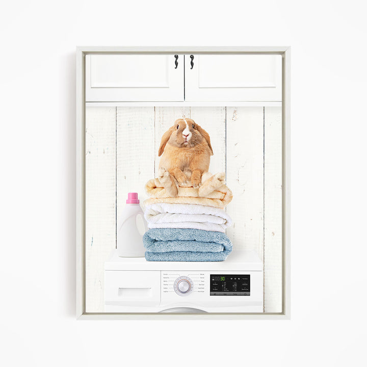 Pudgy Bunny on Folded Towels on Washing Machine - Farmhouse Wall