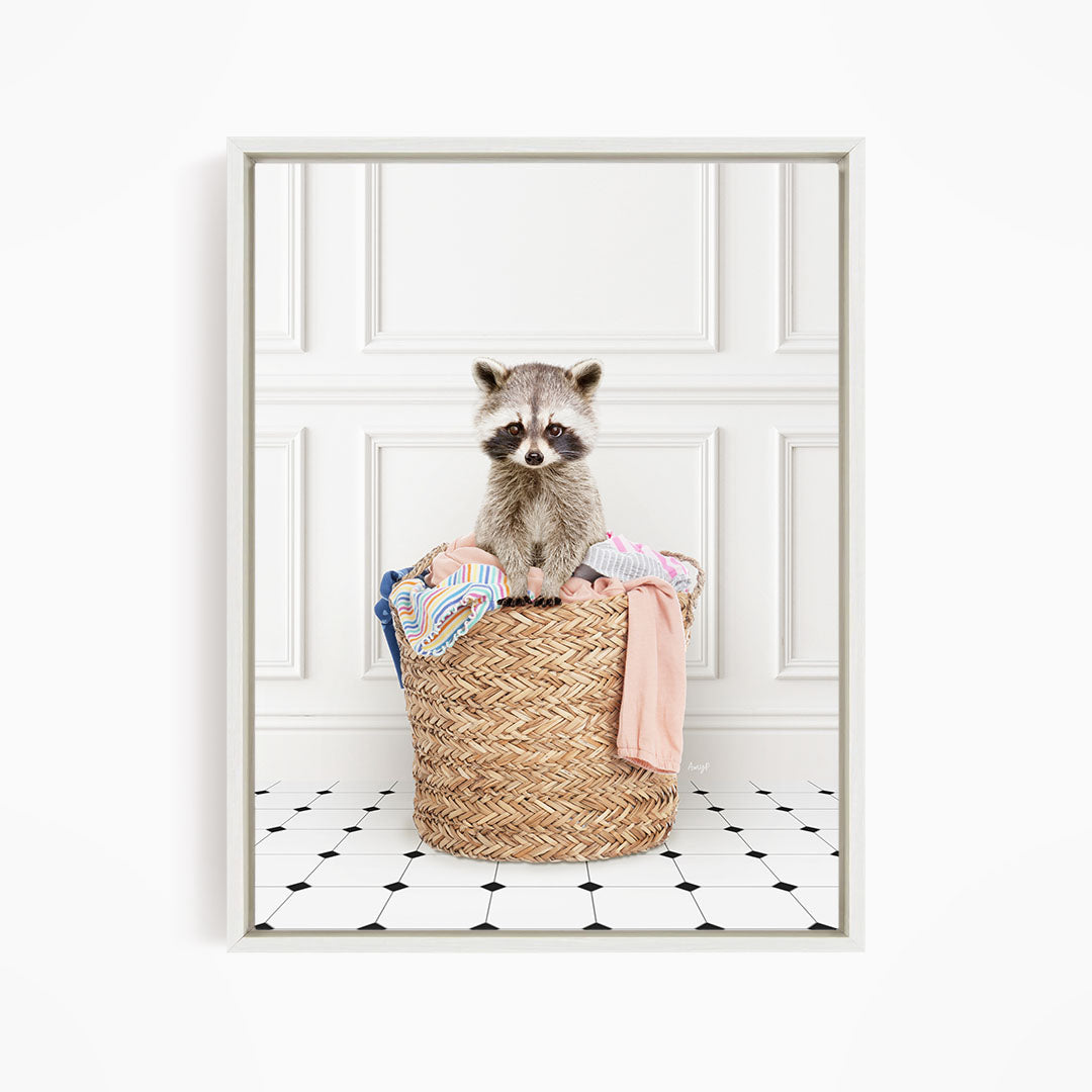 Raccoon in Laundry Basket - Classic White Floor