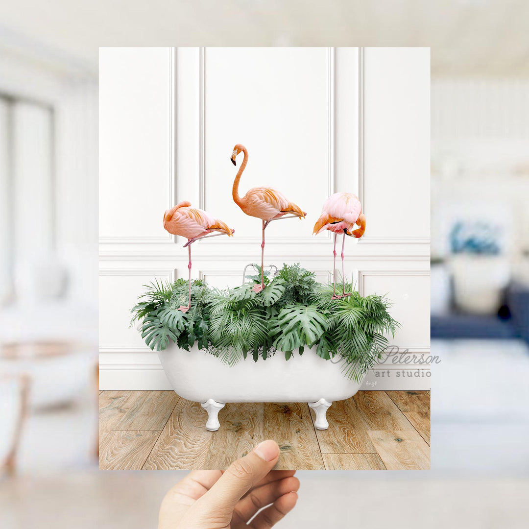 Three Flamingos on Tropical Leaves in Traditional Panel Bath Style