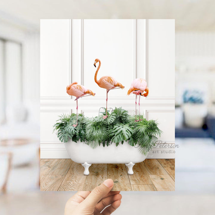 Three Flamingos on Tropical Leaves in Traditional Panel Bath Style