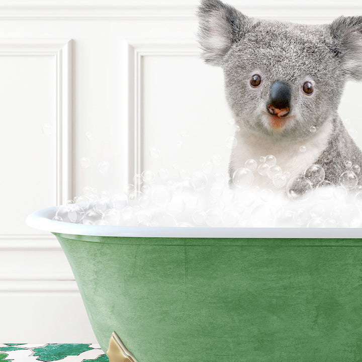 a koala is sitting in a bathtub full of bubbles