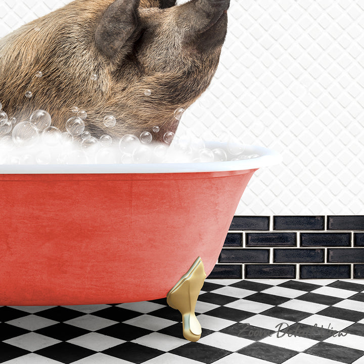 A dog is sitting in a red bathtub filled with bubbles, enjoying a bath in a black and white checkered bathroom.