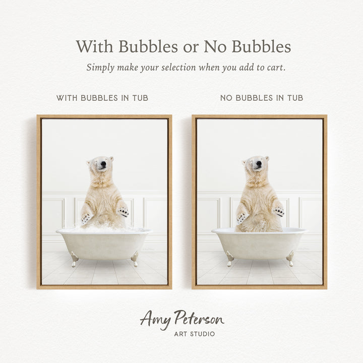 The image is a collage of two pictures featuring a polar bear sitting in a bathtub. The polar bear is either sitting or lying down in the tub, with bubbles or no bubbles around it. The text above the images reads "With Bubbles or No Bubbles Simply make your selection when you add to cart."