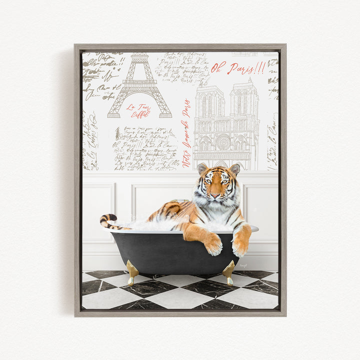 A tiger is sitting in a bathtub filled with water, surrounded by various texts and illustrations related to Paris.