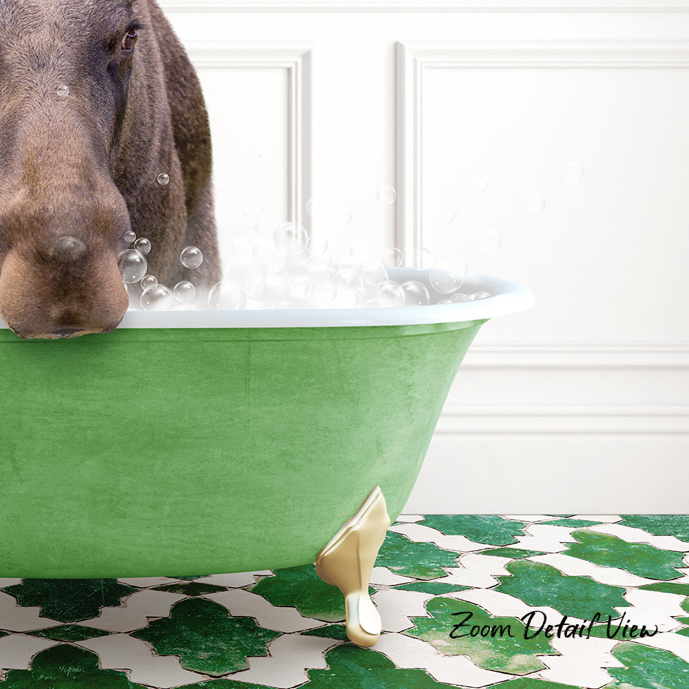 A dog is standing in a green bathtub filled with bubbles, creating a playful and whimsical scene.