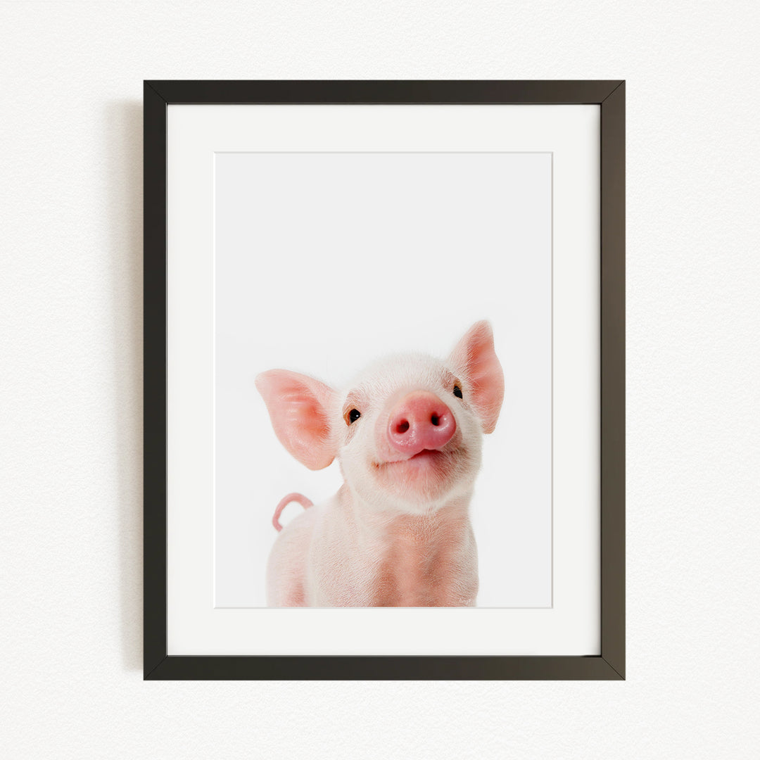 A cute, pink pig with large ears and a pink nose is the main subject of the framed image.