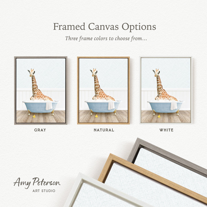 The image is a framed canvas option featuring three different colored frames, each containing a painting of a giraffe sitting in a bathtub.