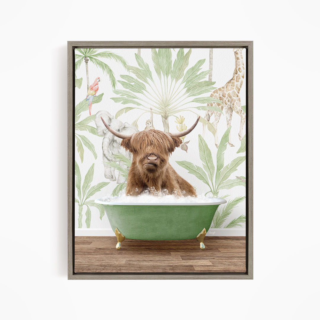 A brown cow with horns is sitting in a green bathtub, surrounded by tropical foliage and animals, such as a giraffe and a parrot.