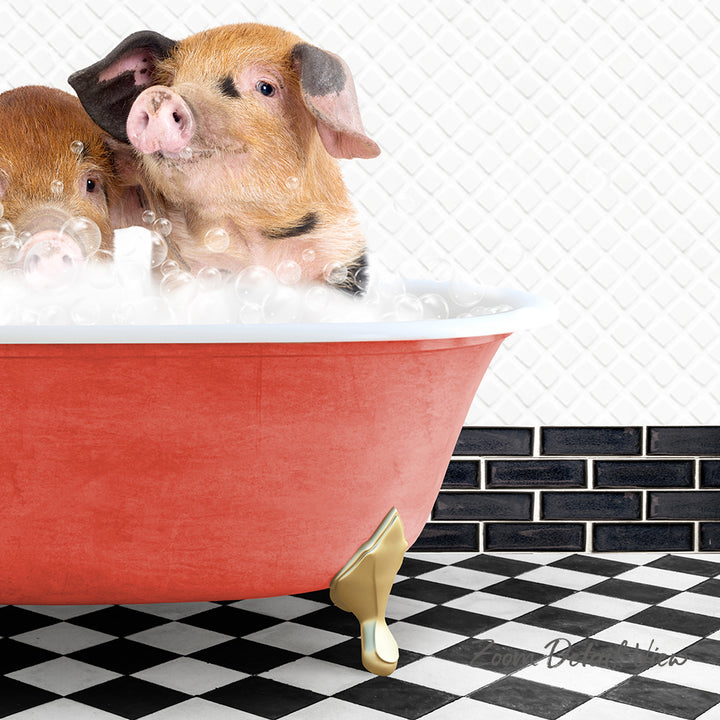 A red bathtub filled with water and bubbles, with two adorable pigs sitting inside and enjoying the bath.