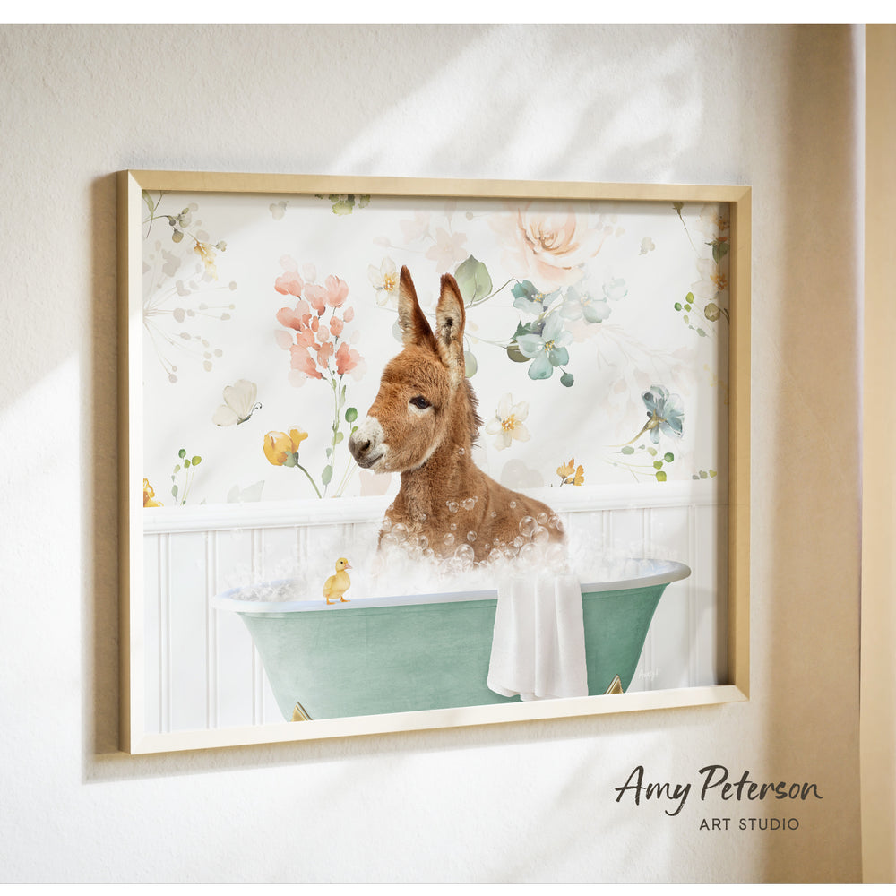 A donkey is sitting in a green bathtub filled with bubbles, surrounded by a floral pattern.