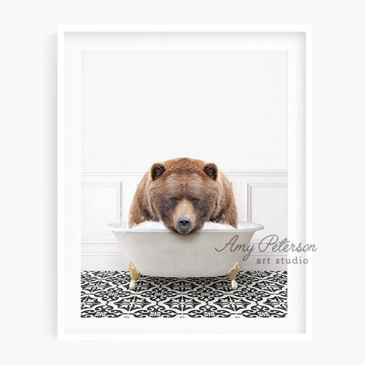 a brown bear is taking a bath in a bathtub