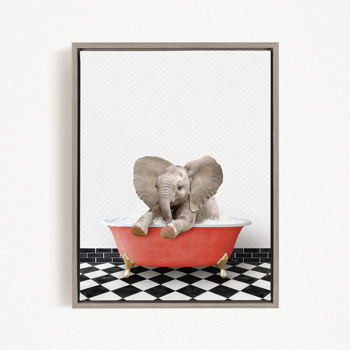 A baby elephant sitting in a red bathtub, surrounded by a black and white checkered floor.