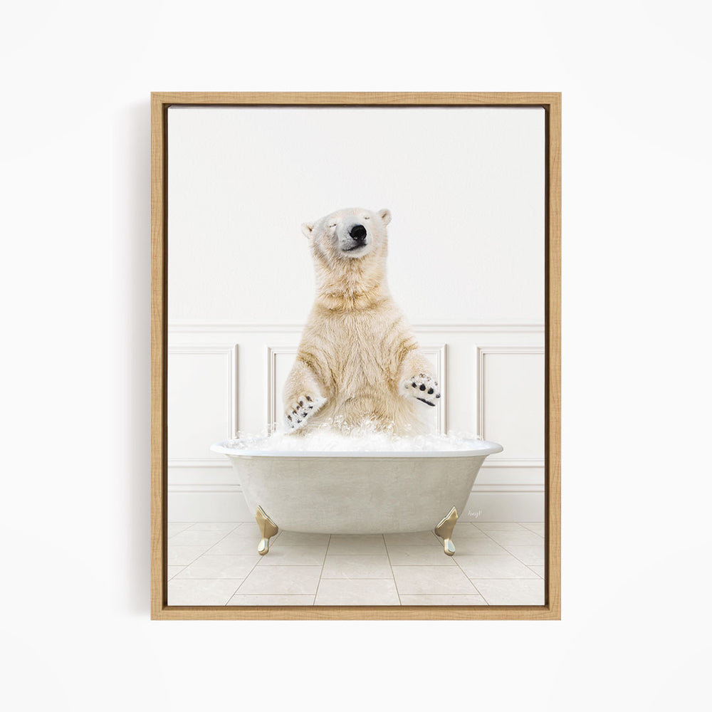 A polar bear standing in a bathtub filled with water, appearing to be enjoying the bath.