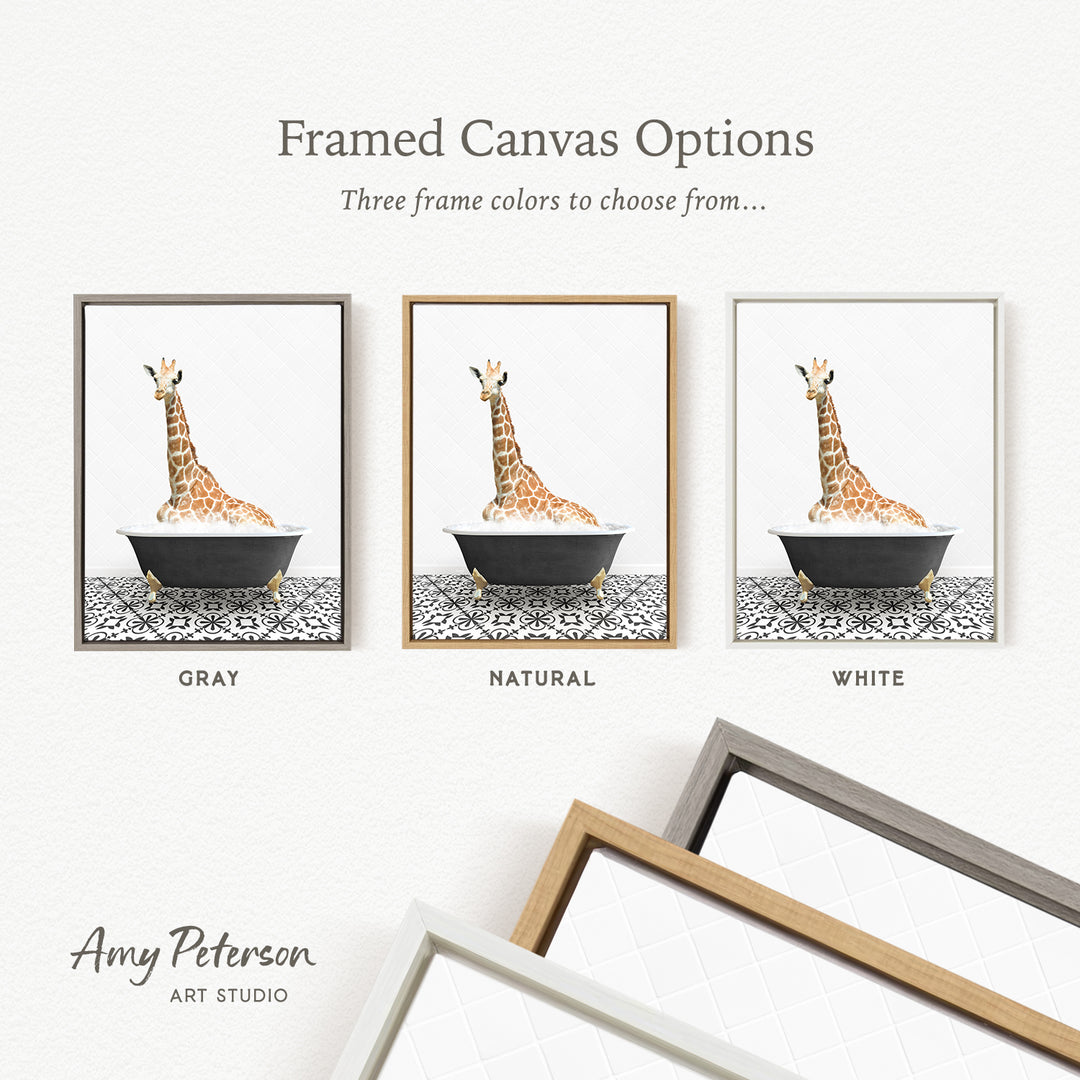 three framed canvas options featuring a giraffe in a bathtub, each with a different frame color: gray, natural, and white.