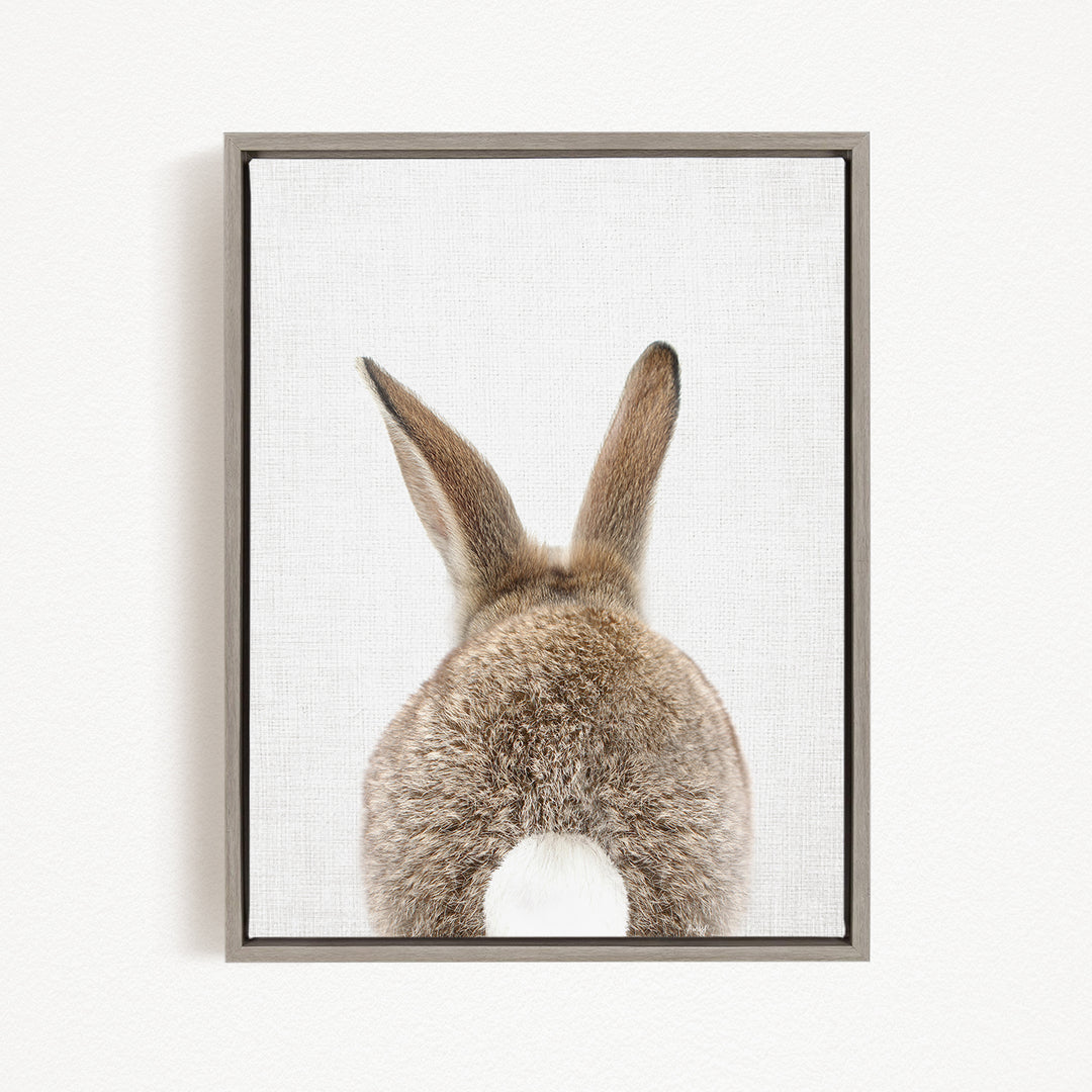 the back of a rabbit's head and ears, with its fluffy white tail visible.