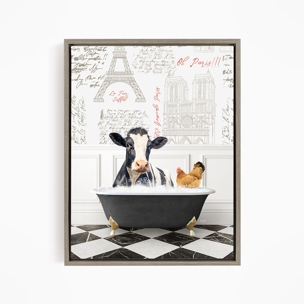 A cow is sitting in a bathtub filled with water, surrounded by a chicken and a rooster, with a Paris-themed background featuring the Eiffel Tower and other Parisian landmarks.