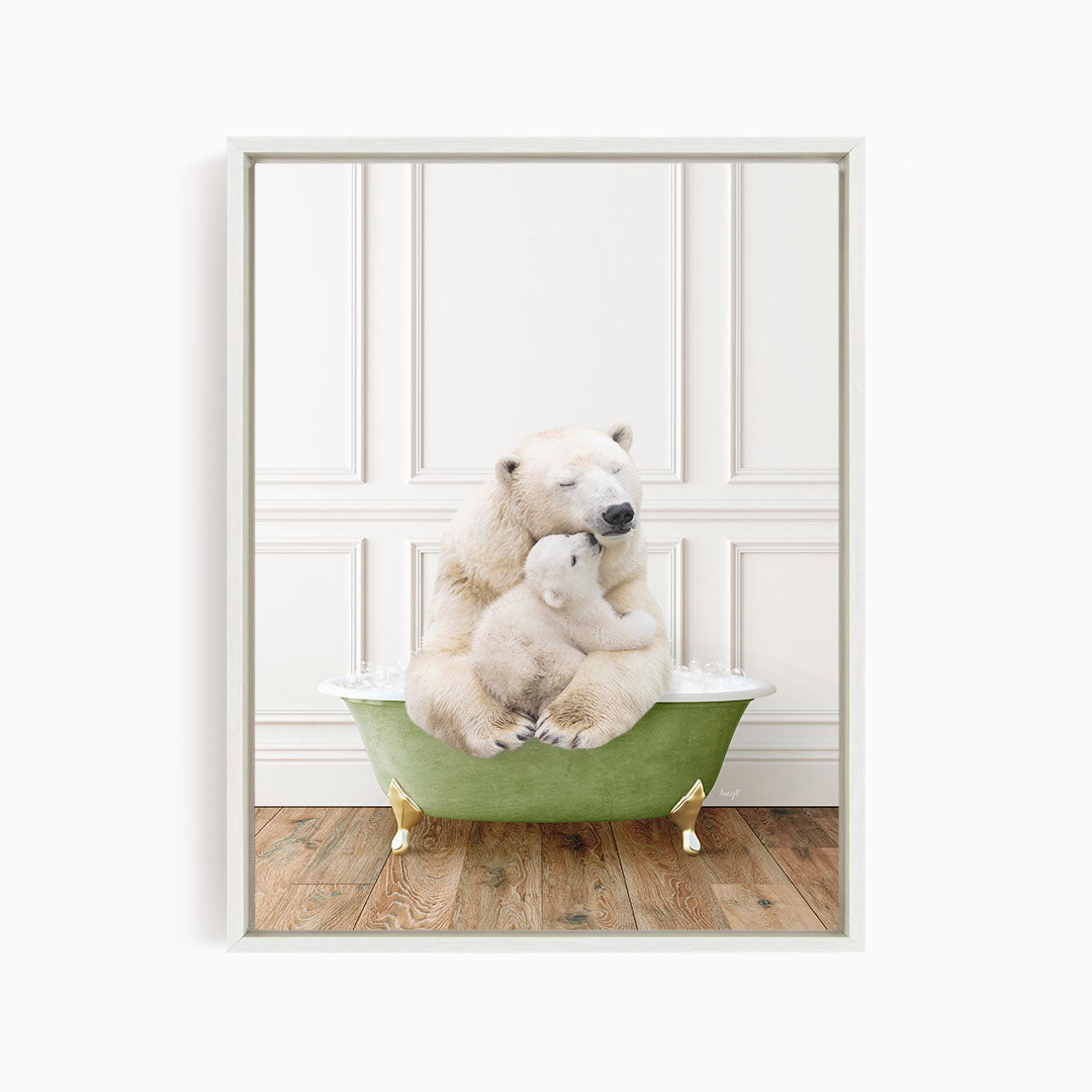 A polar bear and its cub sitting together in a green bathtub against a white wall.