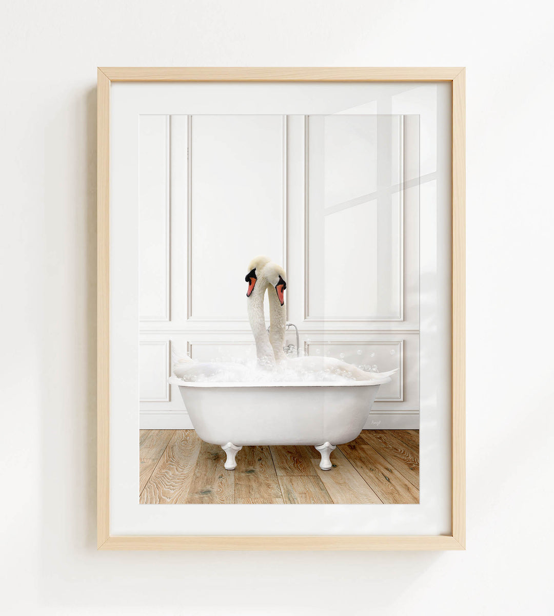 A white swan standing in a white bathtub filled with bubbles, with a wooden floor and white walls in the background.