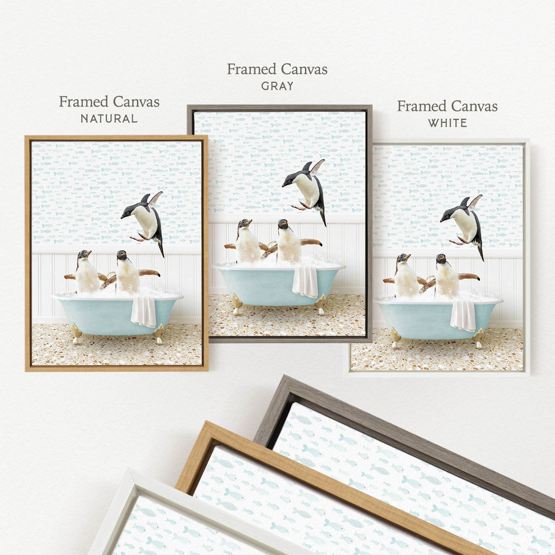 three framed pictures of penguins in a bathtub, each with a different color frame. The first frame is natural, the second is gray, and the third is white.