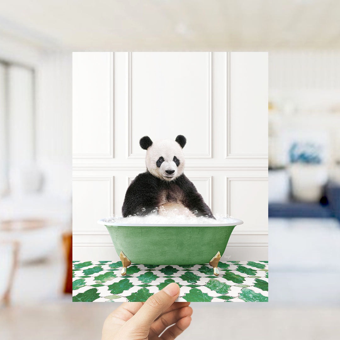 A panda bear sitting in a green bathtub filled with bubbles, surrounded by a green and white patterned floor.