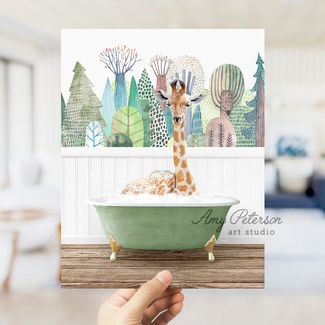 a giraffe in a bath tub with a hand holding it