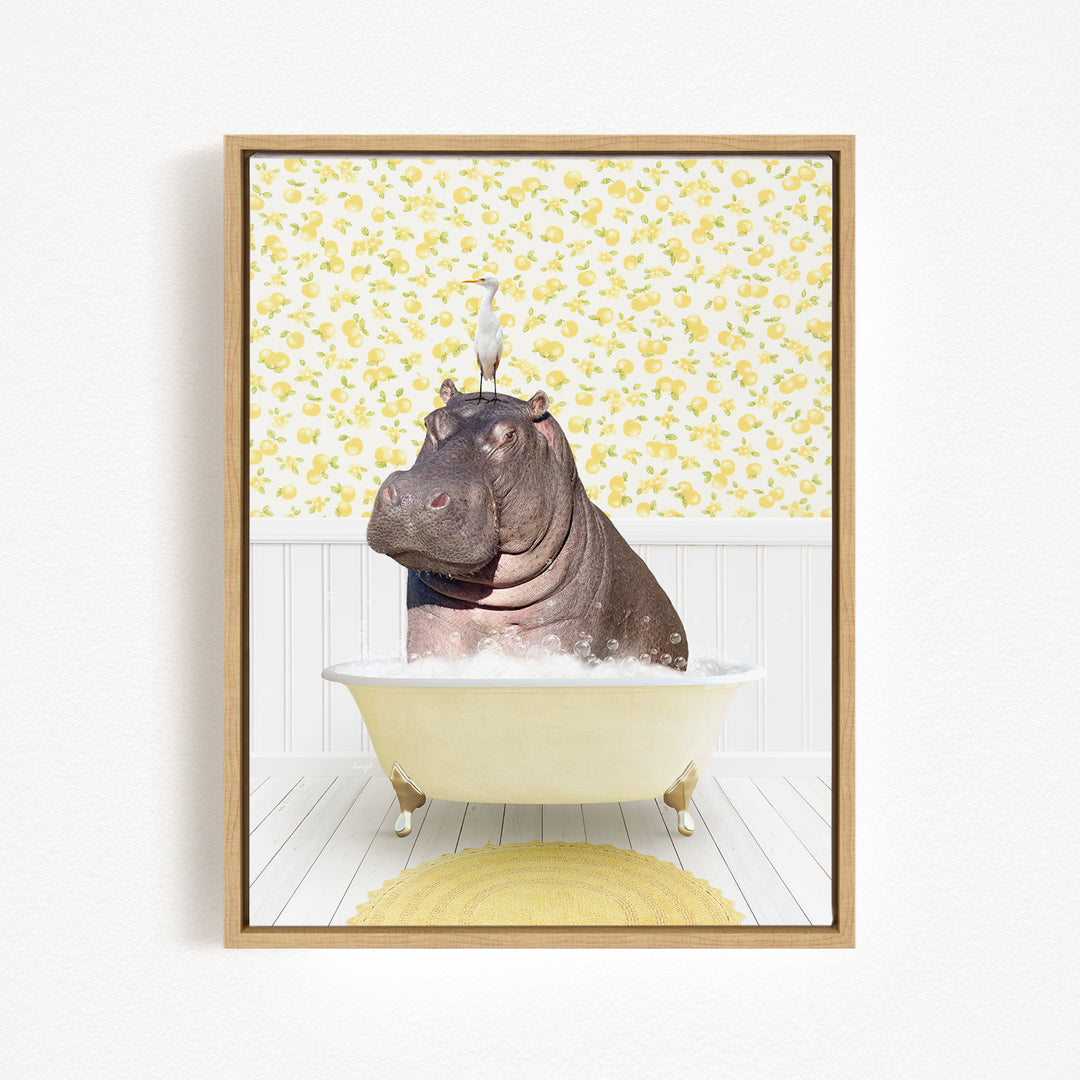 A hippopotamus sitting in a bathtub filled with water, with a bird perched on its head.