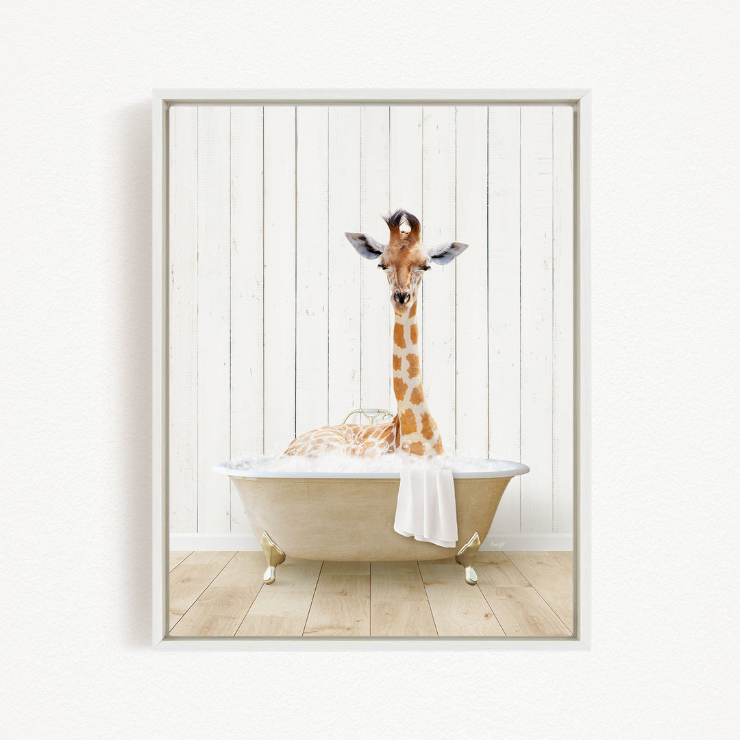 A giraffe is sitting in a bathtub filled with water, creating a whimsical and playful scene.