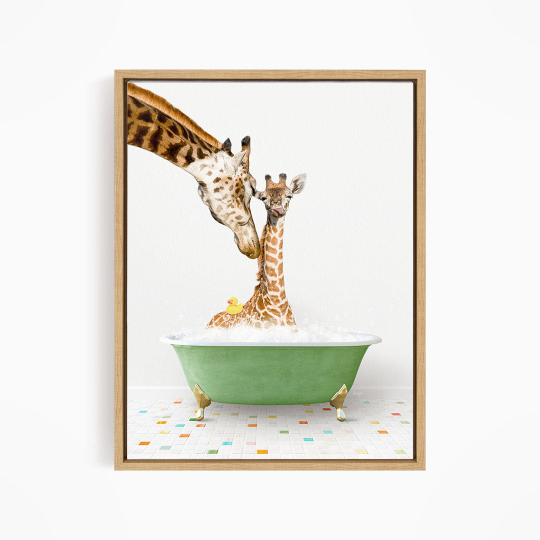 A mother giraffe and her baby giraffe are enjoying a bath together in a green tub, with a yellow rubber duck floating in the water.