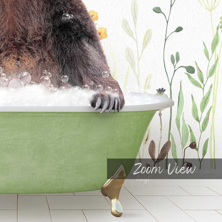 A close-up of a bear's paw resting on the edge of a green bathtub filled with bubbles, with a floral pattern on the wall behind it.