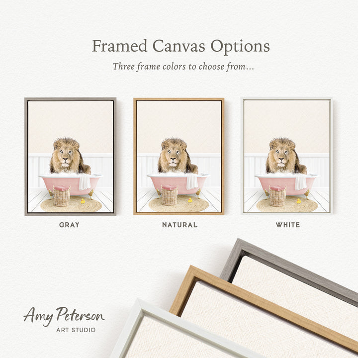 The image is a framed canvas option featuring three different colored frames with a picture of a lion sitting in a bathtub.
