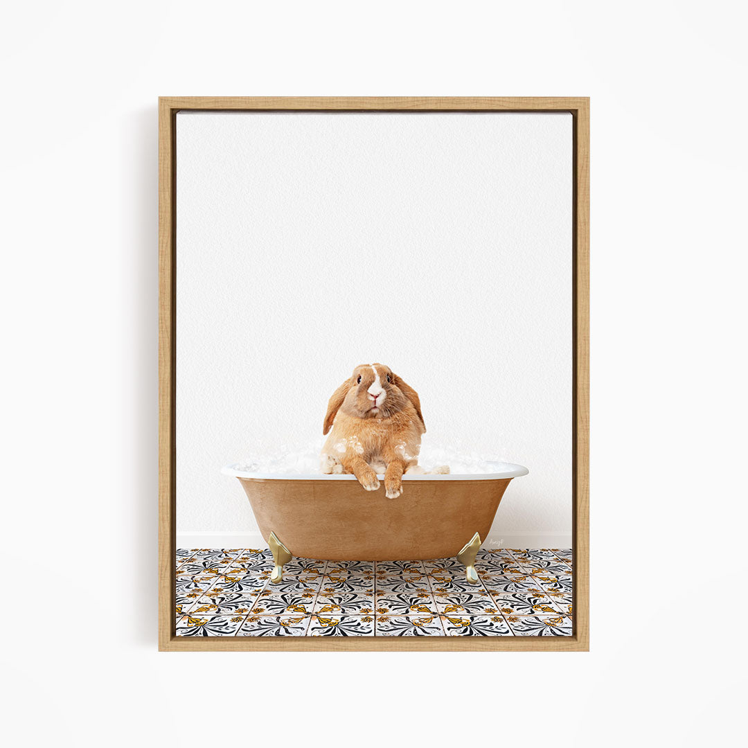 A brown rabbit sitting in a bathtub filled with water, surrounded by a patterned tile floor.