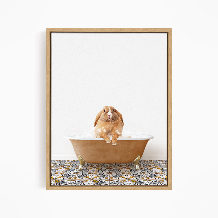 A brown rabbit sitting in a bathtub filled with water, surrounded by a patterned tile floor.