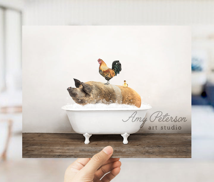 a person holding up a card with a dog in a bathtub