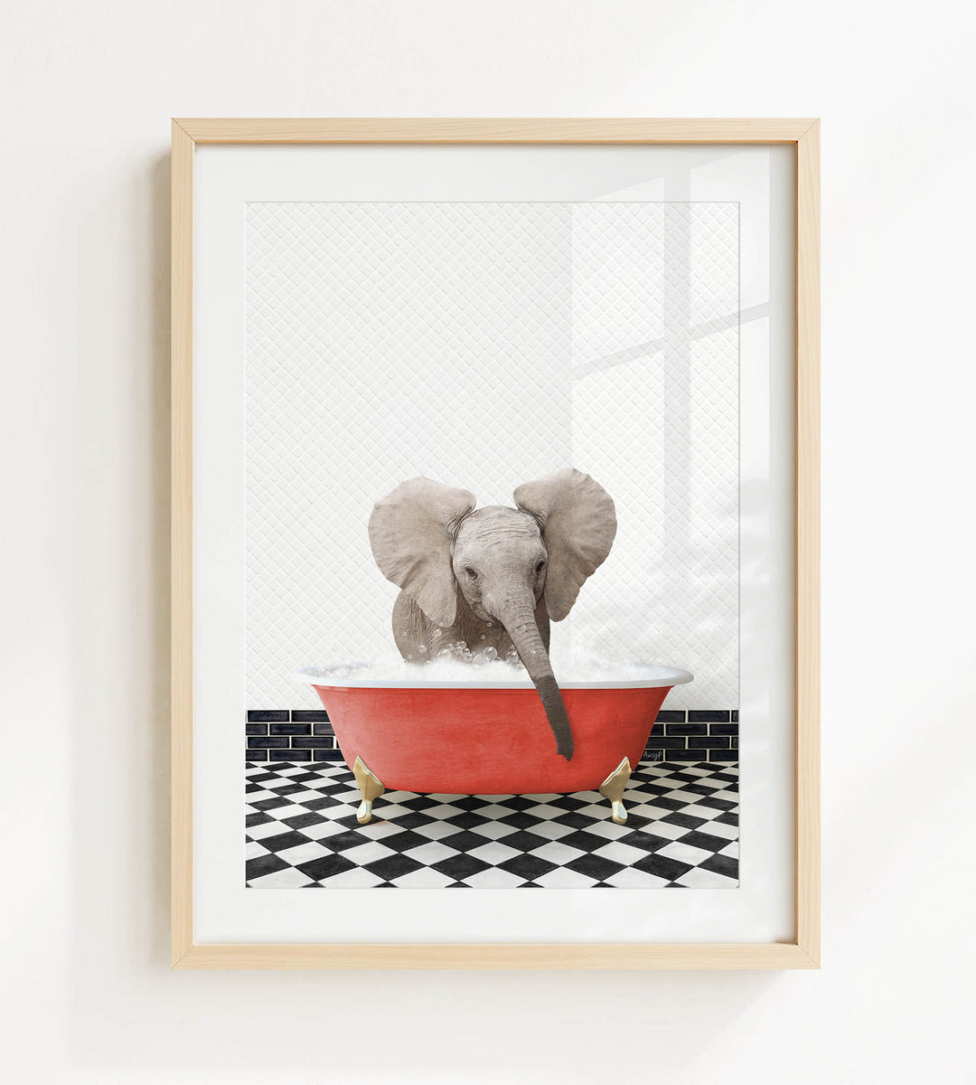 A gray elephant is sitting in a red bathtub filled with water, surrounded by a black and white checkered floor.