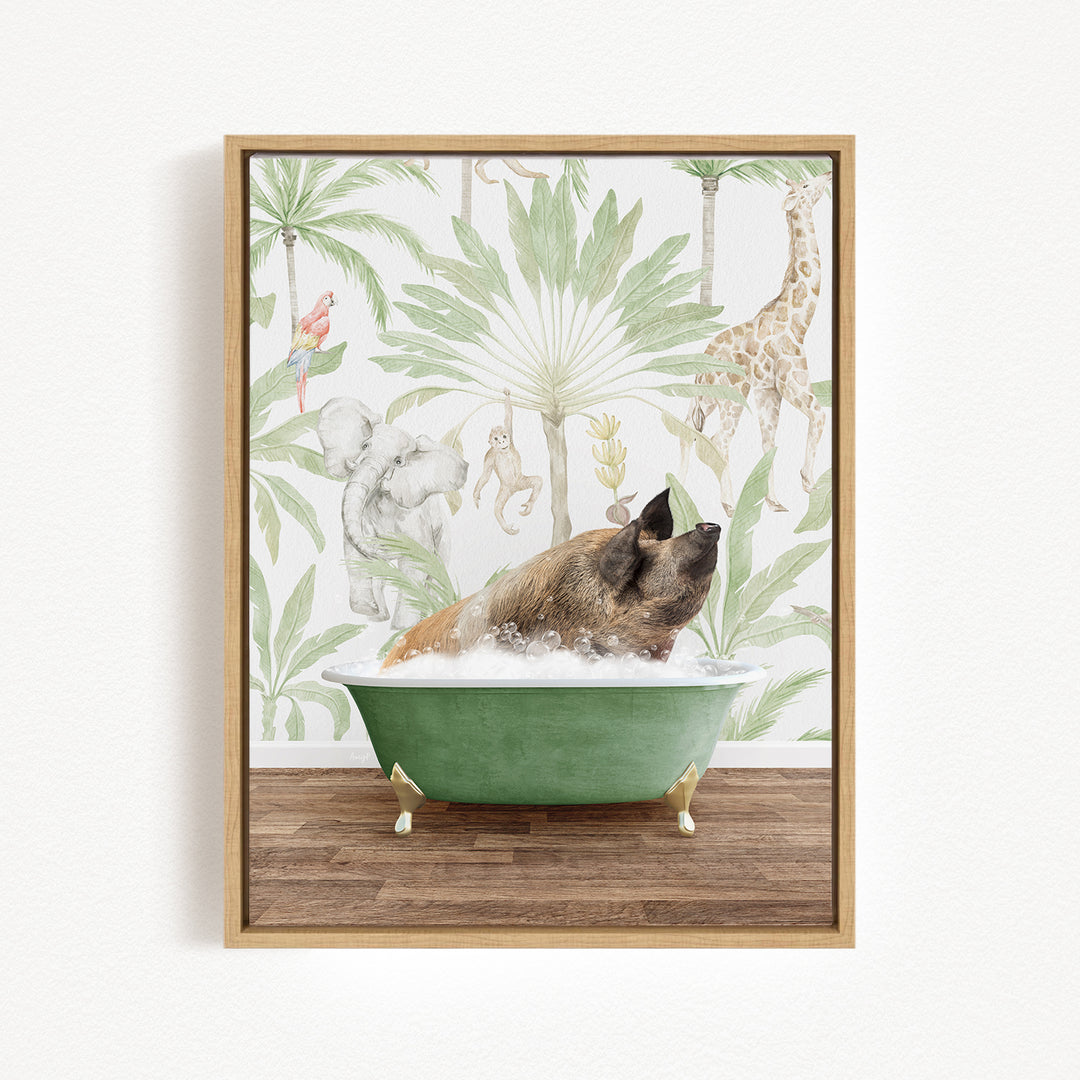 A framed print depicting a pig sitting in a green bathtub, surrounded by various animals such as a giraffe, parrot, and elephant, all set against a tropical wallpaper background.